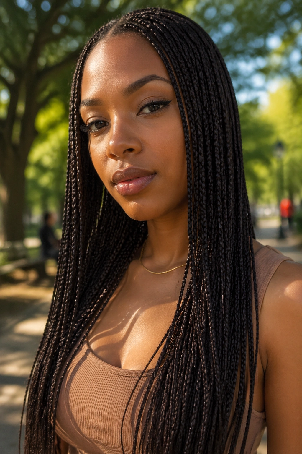 Close-up portrait of a woman with micro long box braids in a park setting, natural light.