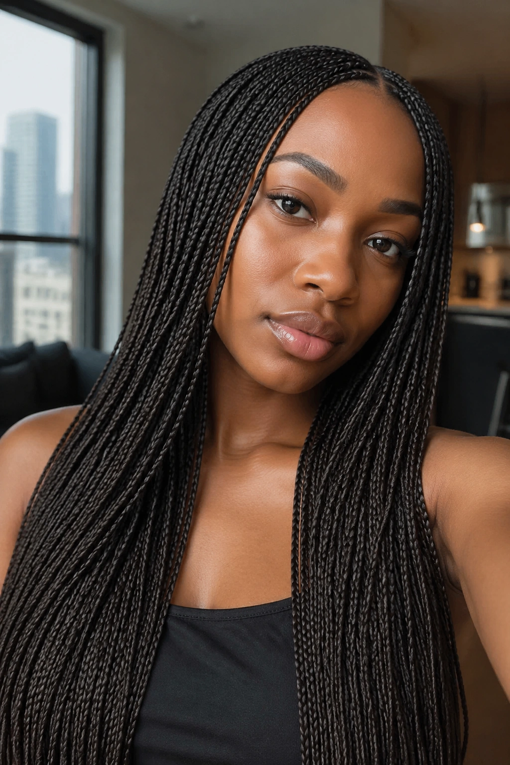 Close-up of a real woman with micro box braids in a sunlit apartment