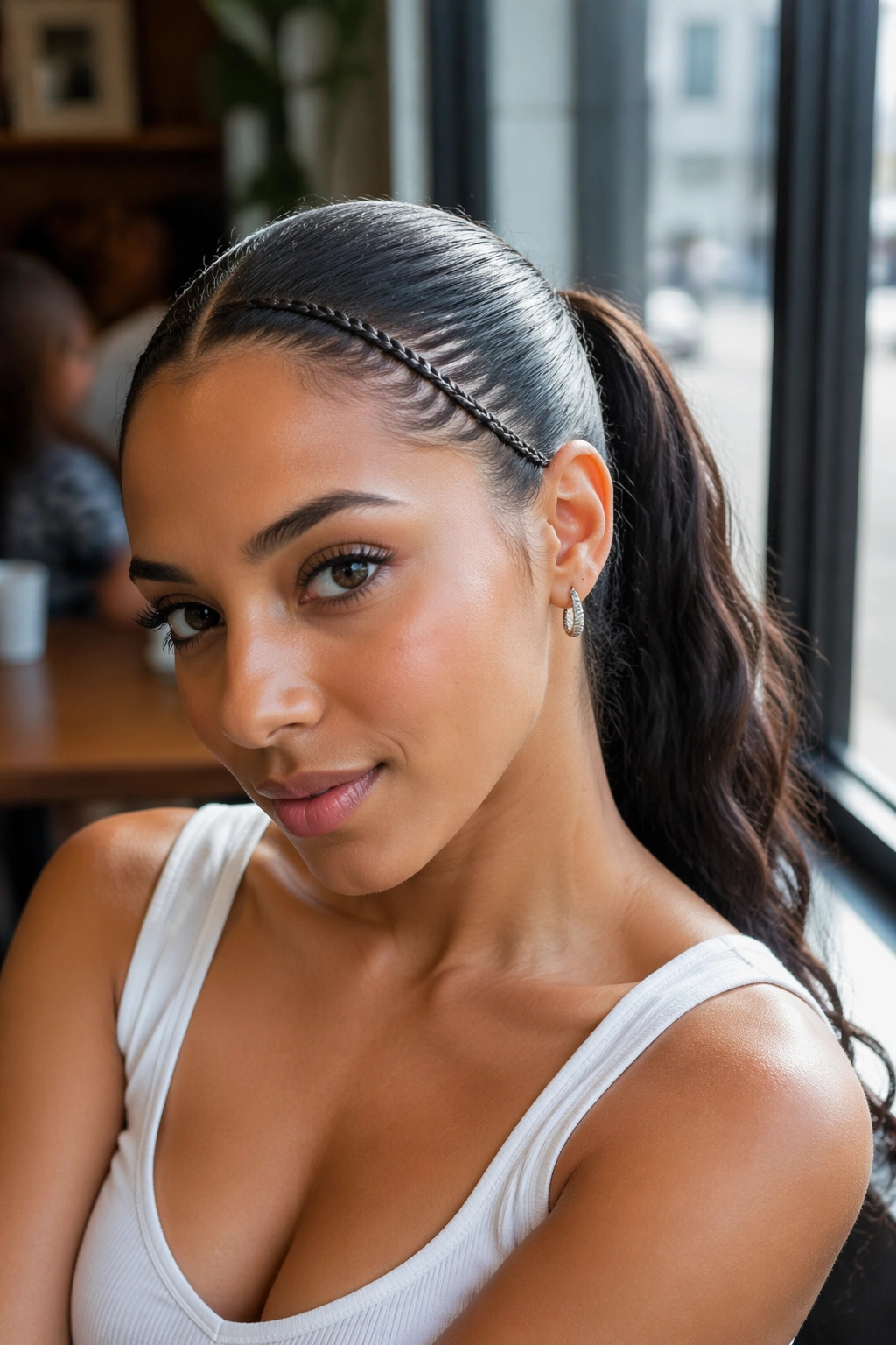 Close-up of a real woman with micro-braid accents into a mid ponytail