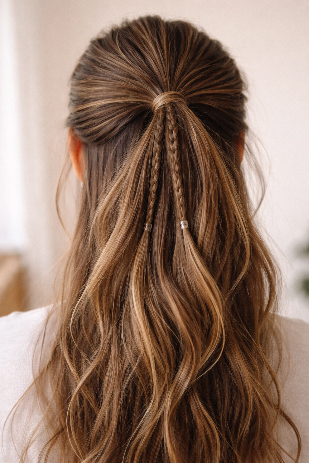 Micro braids peeking through half-up ponytail adding texture