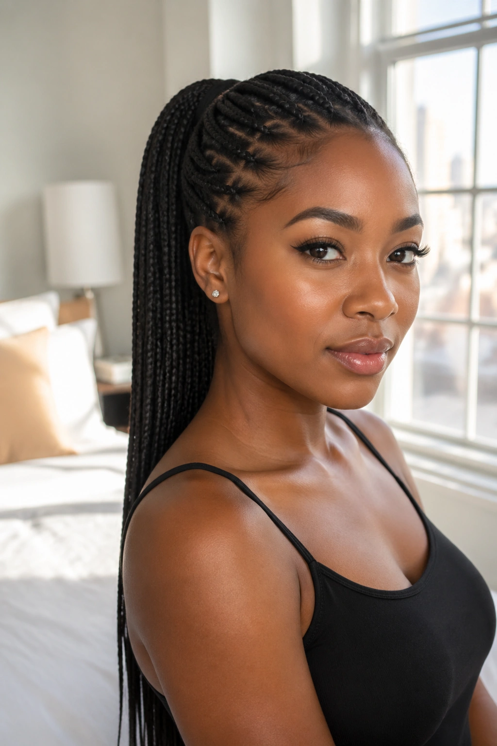 Close-up of a real Black woman with a micro braid mid ponytail