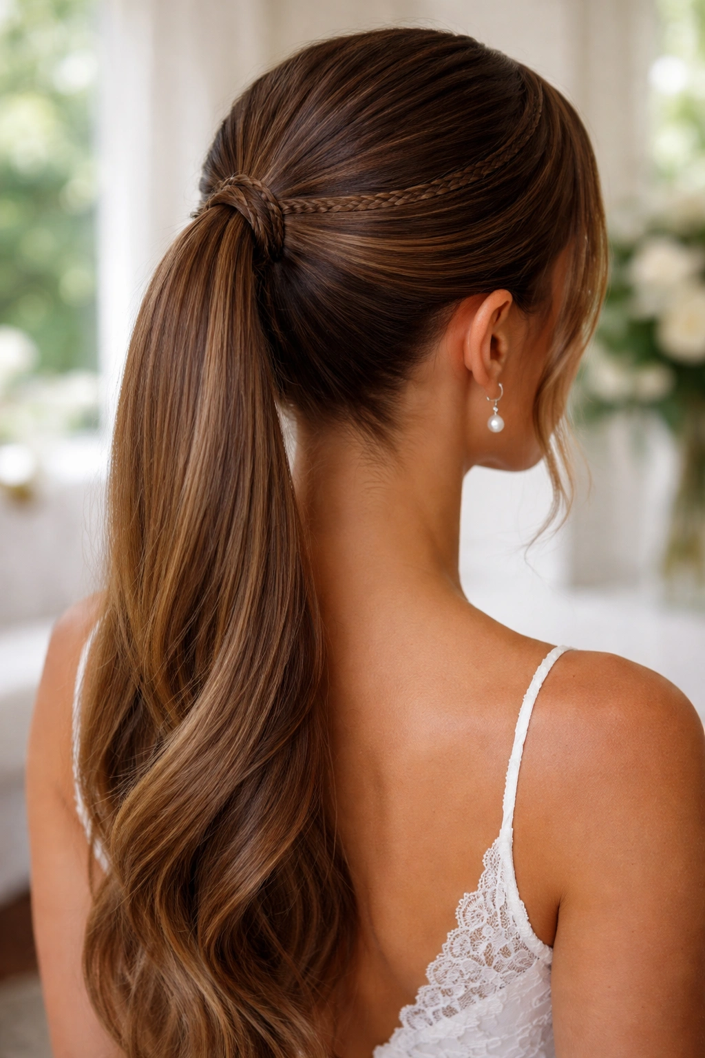 Close-up of a ponytail with micro-braid detail on a real person in a bridal setting.