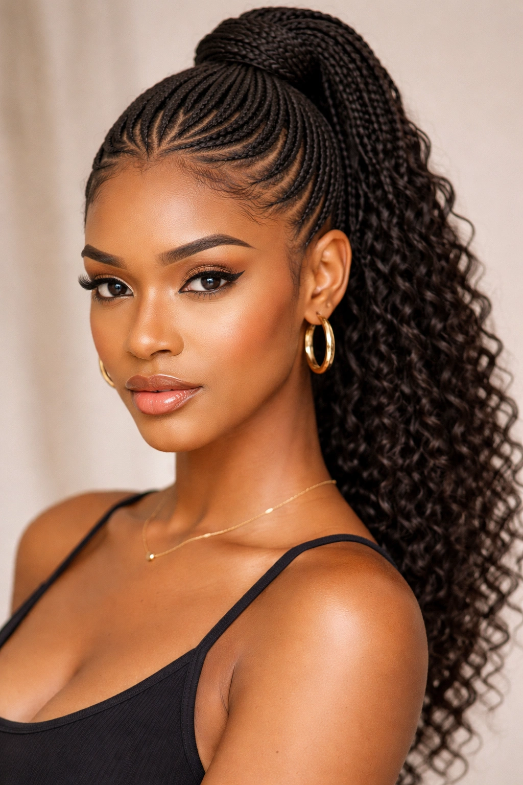 Dense micro braids in a ponytail on curly hair with tidy sections