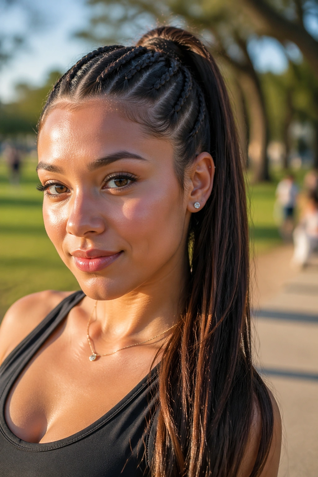 Close-up of a real woman with micro-braid ponytail in outdoor light