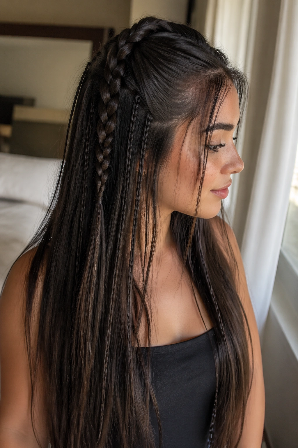 Close-up of a real woman with a central half-up braid and scattered micro-braids on long straight hair