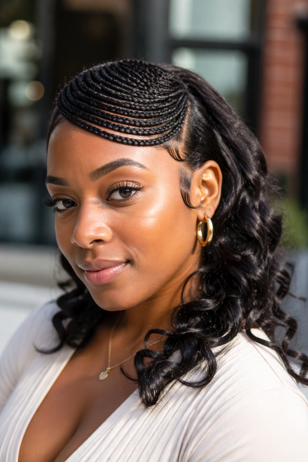 Close-up portrait of a real woman with micro-braid front swoop and curled half-down hair