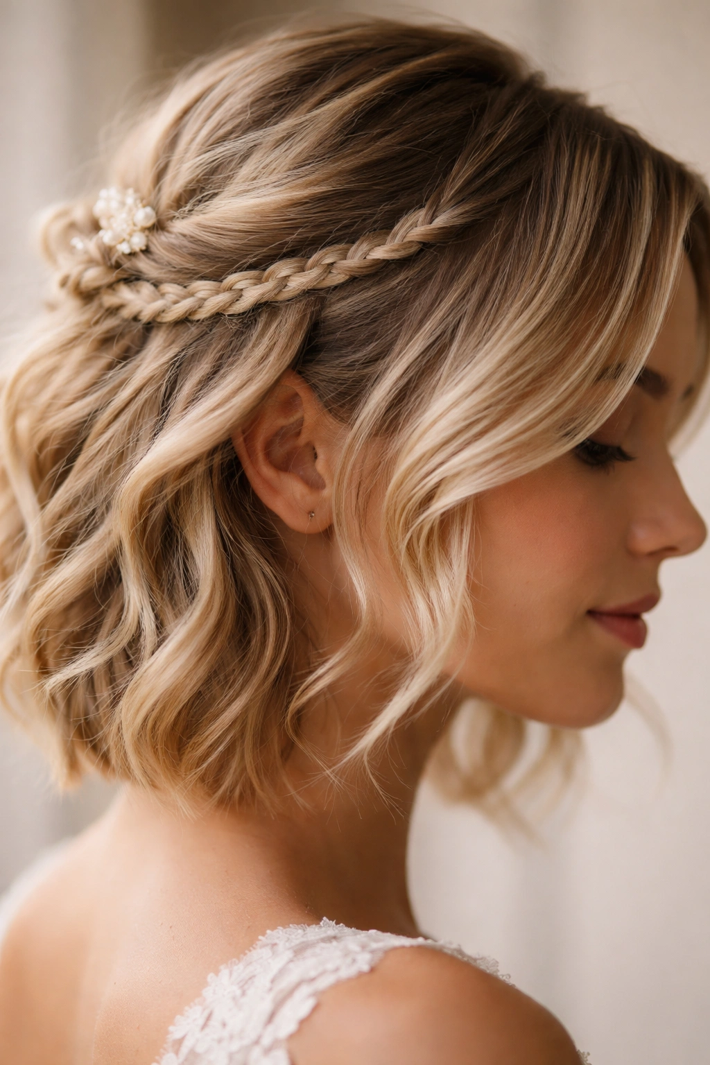 Close-up of a micro-braid detail at the temple integrated into a short layered half-up hairstyle