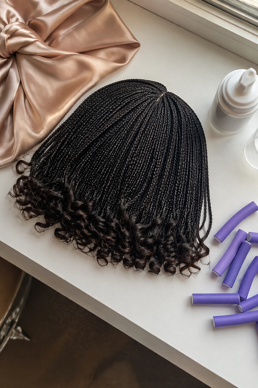 Overhead flat-lay of micro braided bob with spiral ends and styling tools.