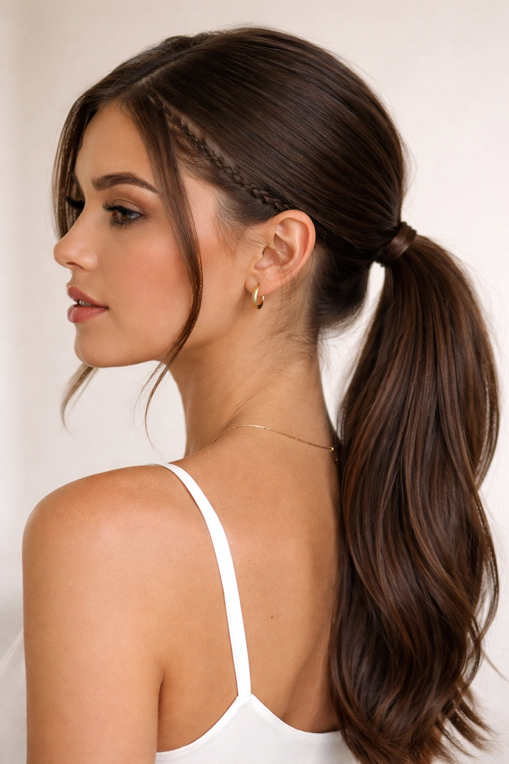 Two tiny micro braids integrated into a smooth low ponytail