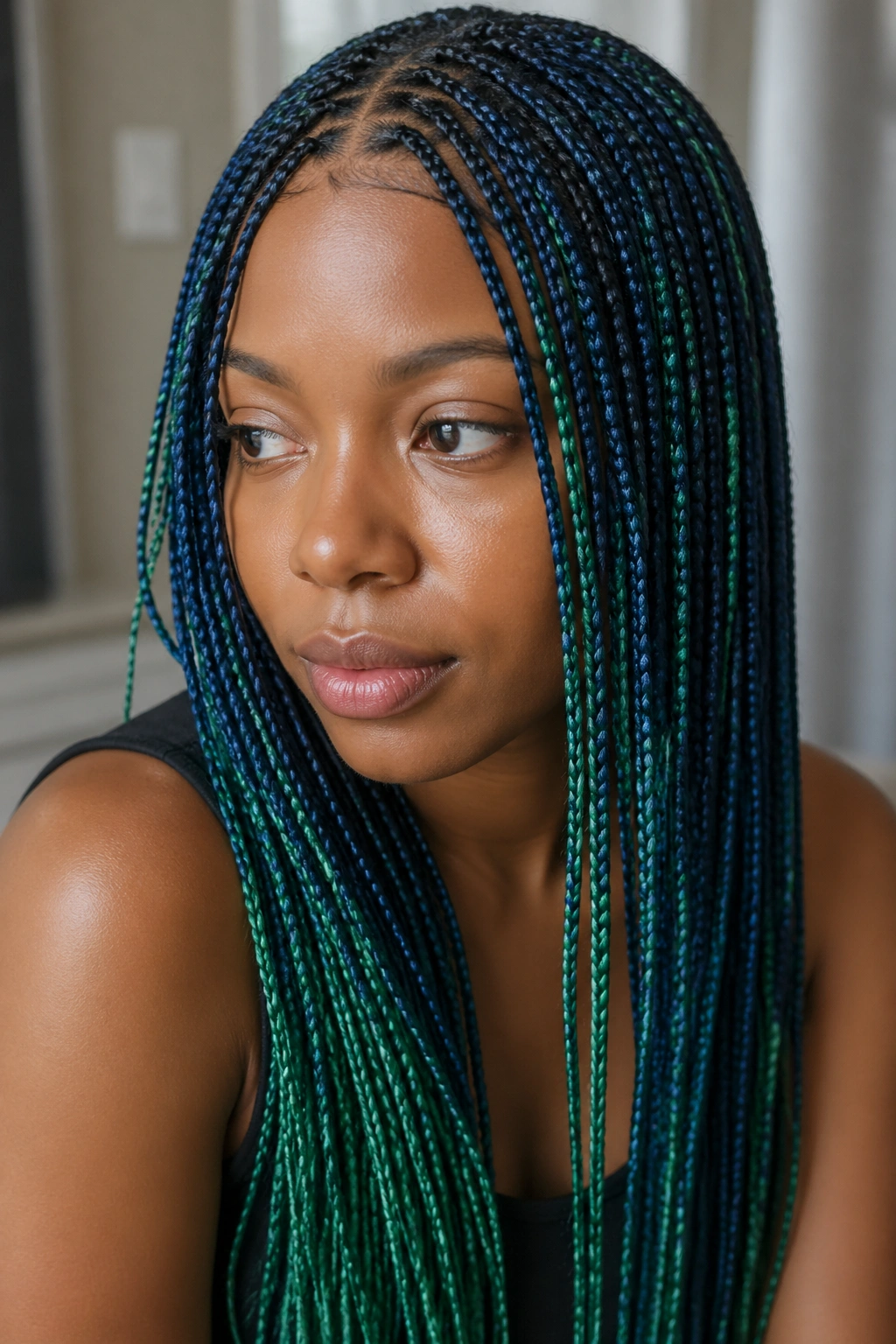 Close-up of a real person with micro blue and green box braids framing the face.