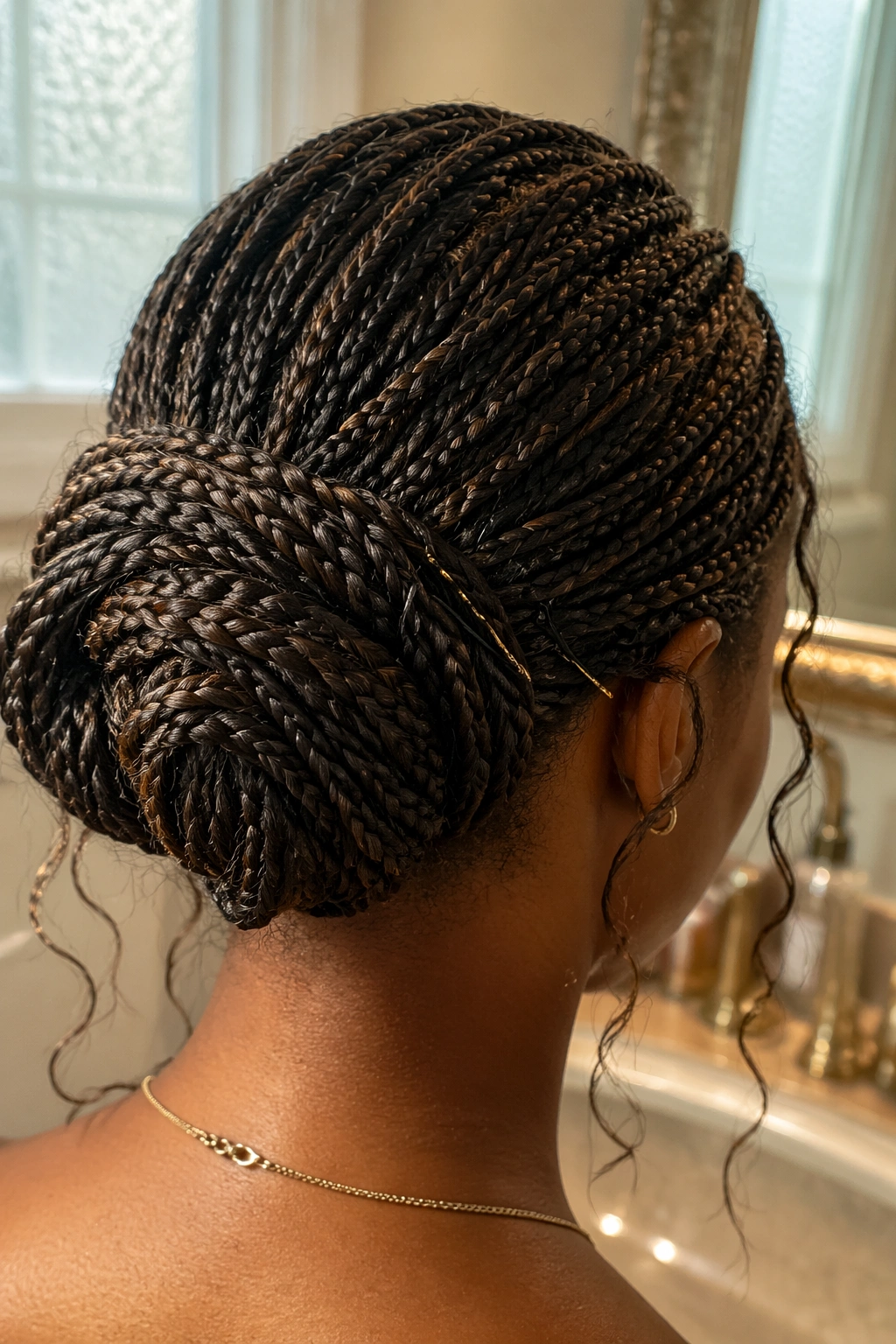 Close-up of a low twisted bun with micro braids and subtle tendrils.