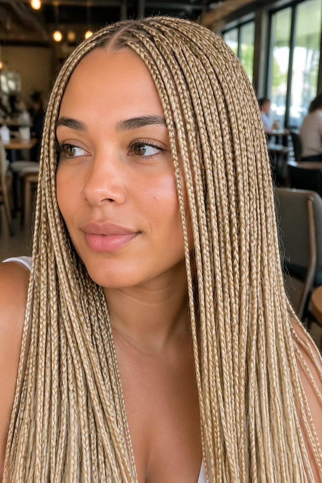Close-up of micro box braids in buttery blonde on a real person