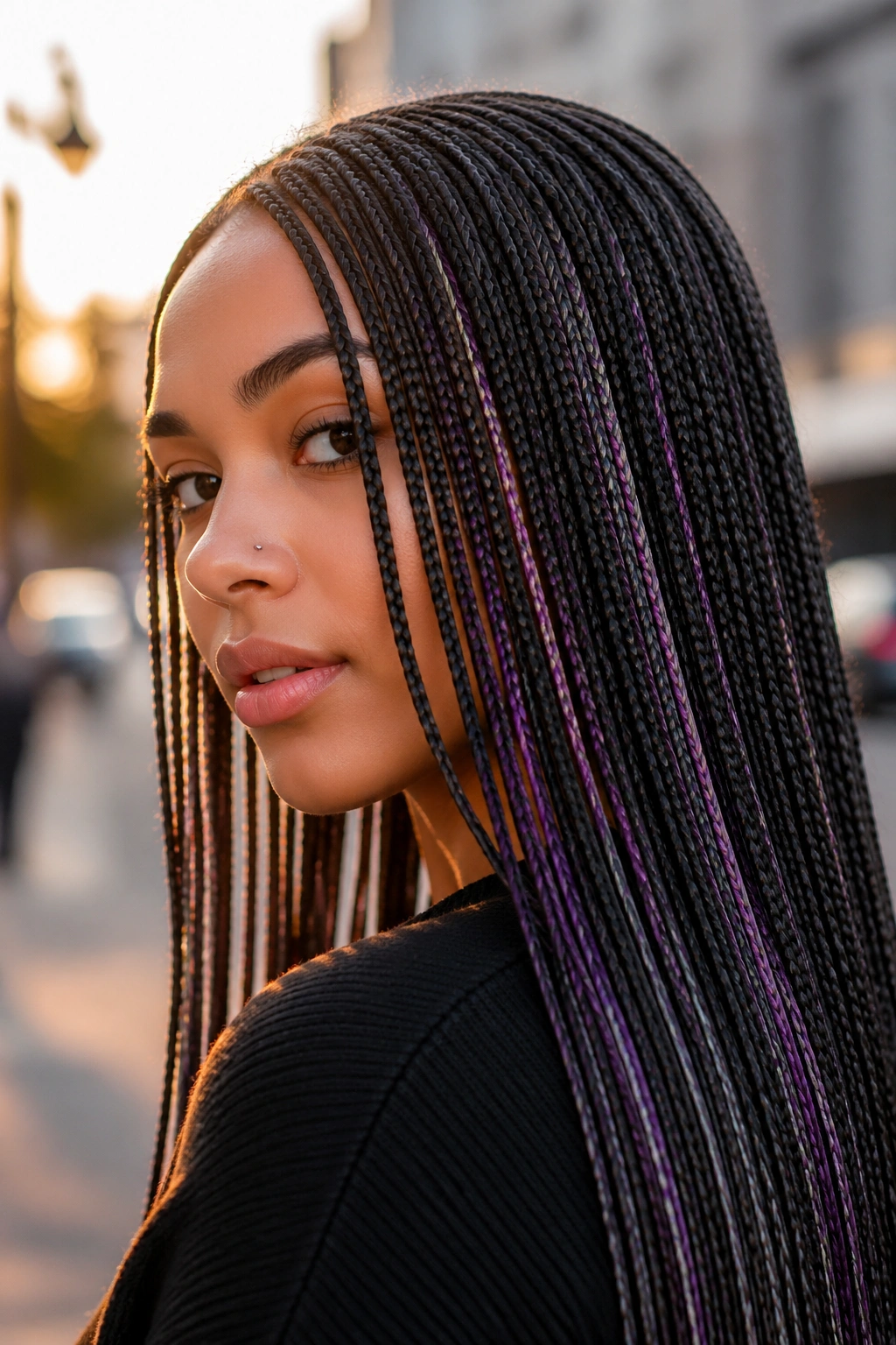 Close-up of real person with micro braids showing subtle hidden color in fine strands