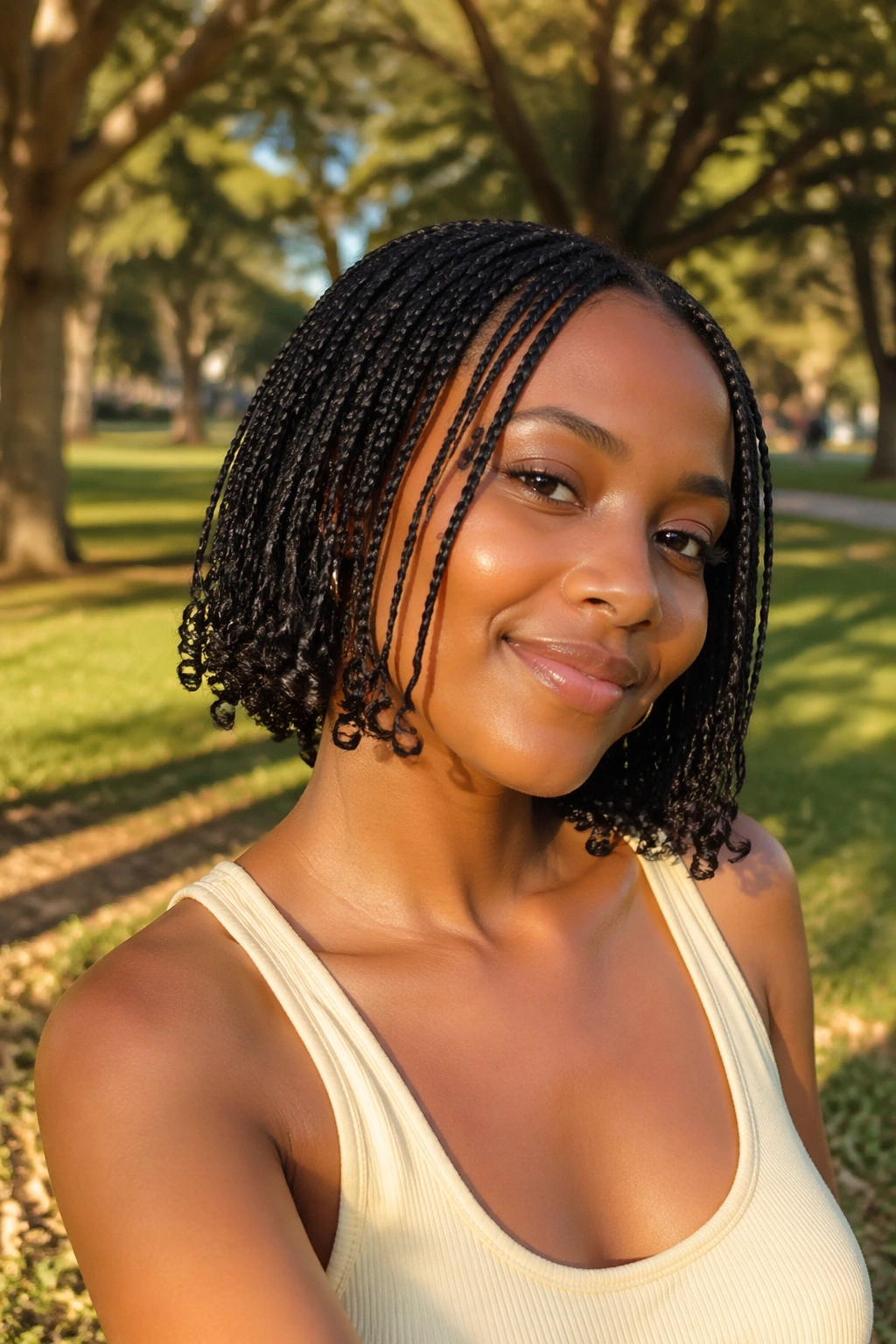 Hero outdoor shot of micro braids with tiny curls