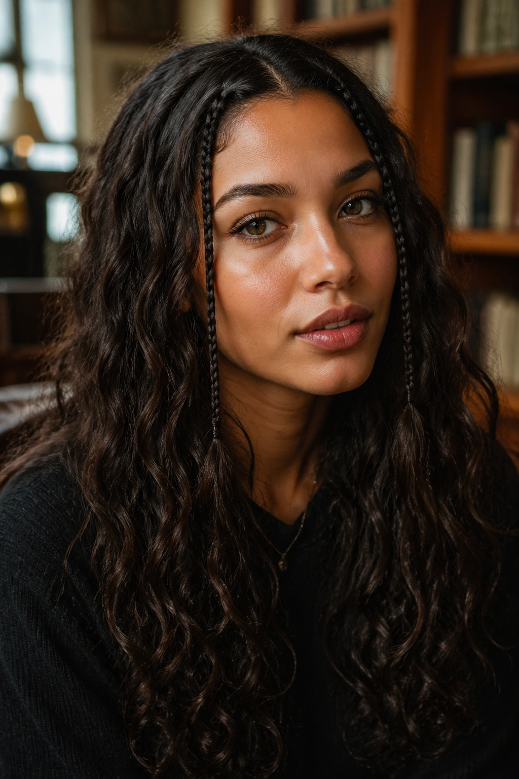 Close-up portrait of a woman with twin micro braids and loose curls in a library cafe.