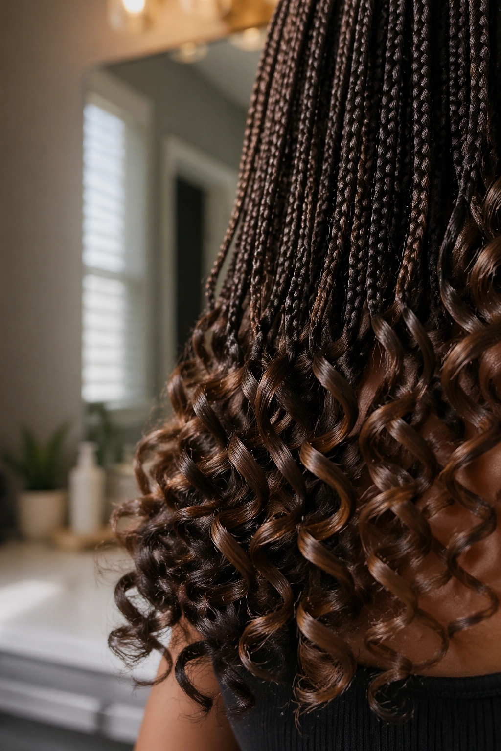 Close-up of micro braids with loose curly ends.