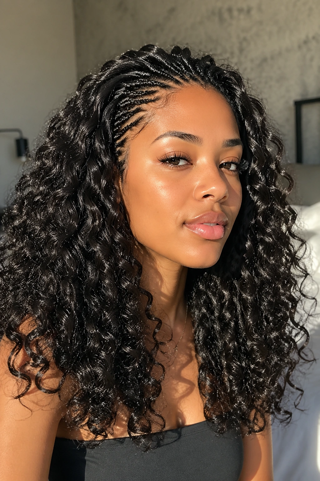 Close-up of micro braids at hairline with big curls behind in sunny bedroom