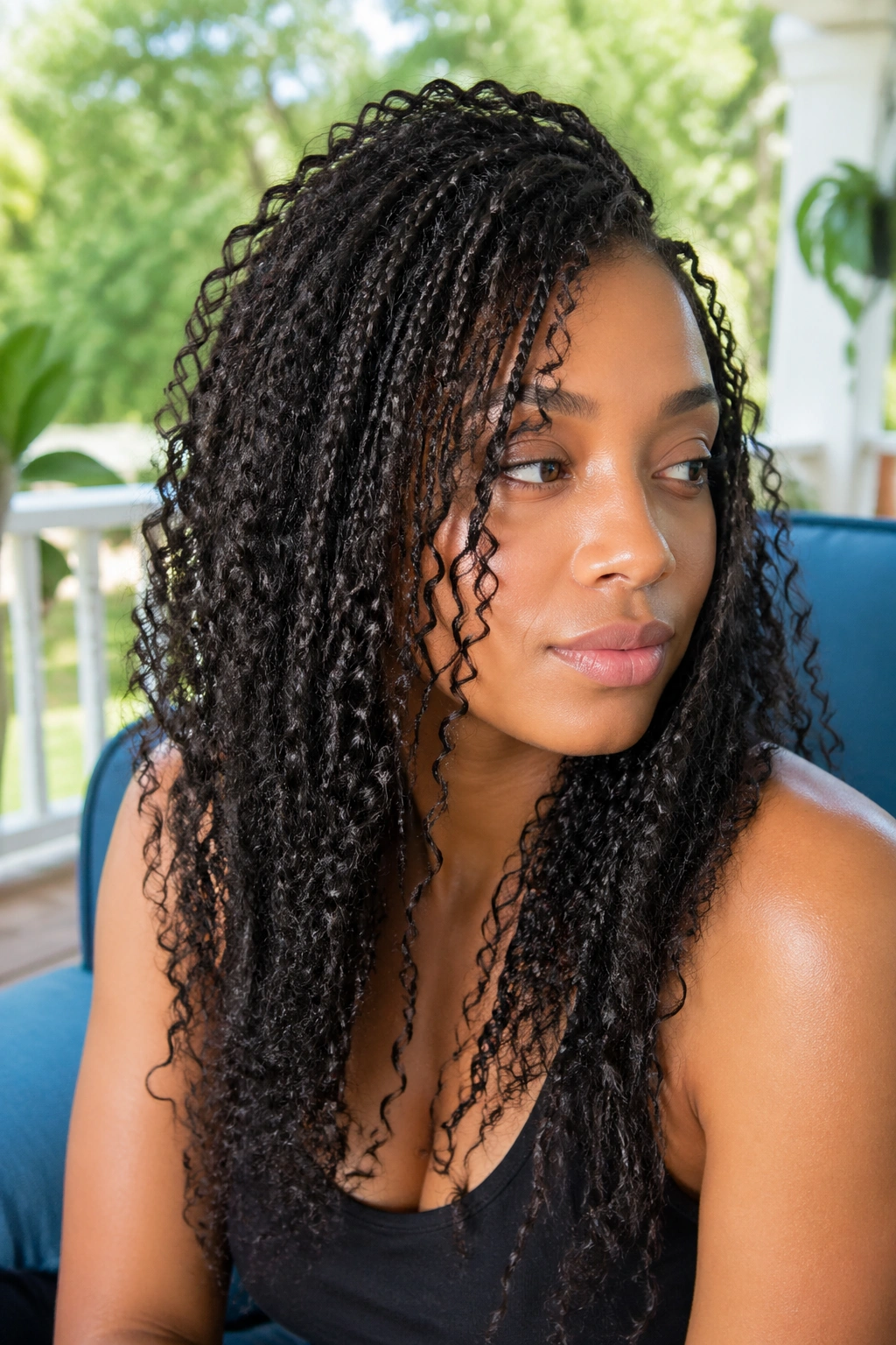 Medium close-up of Micro Braids Mixed With Natural Curls on a real person, showing thin braids and curls.