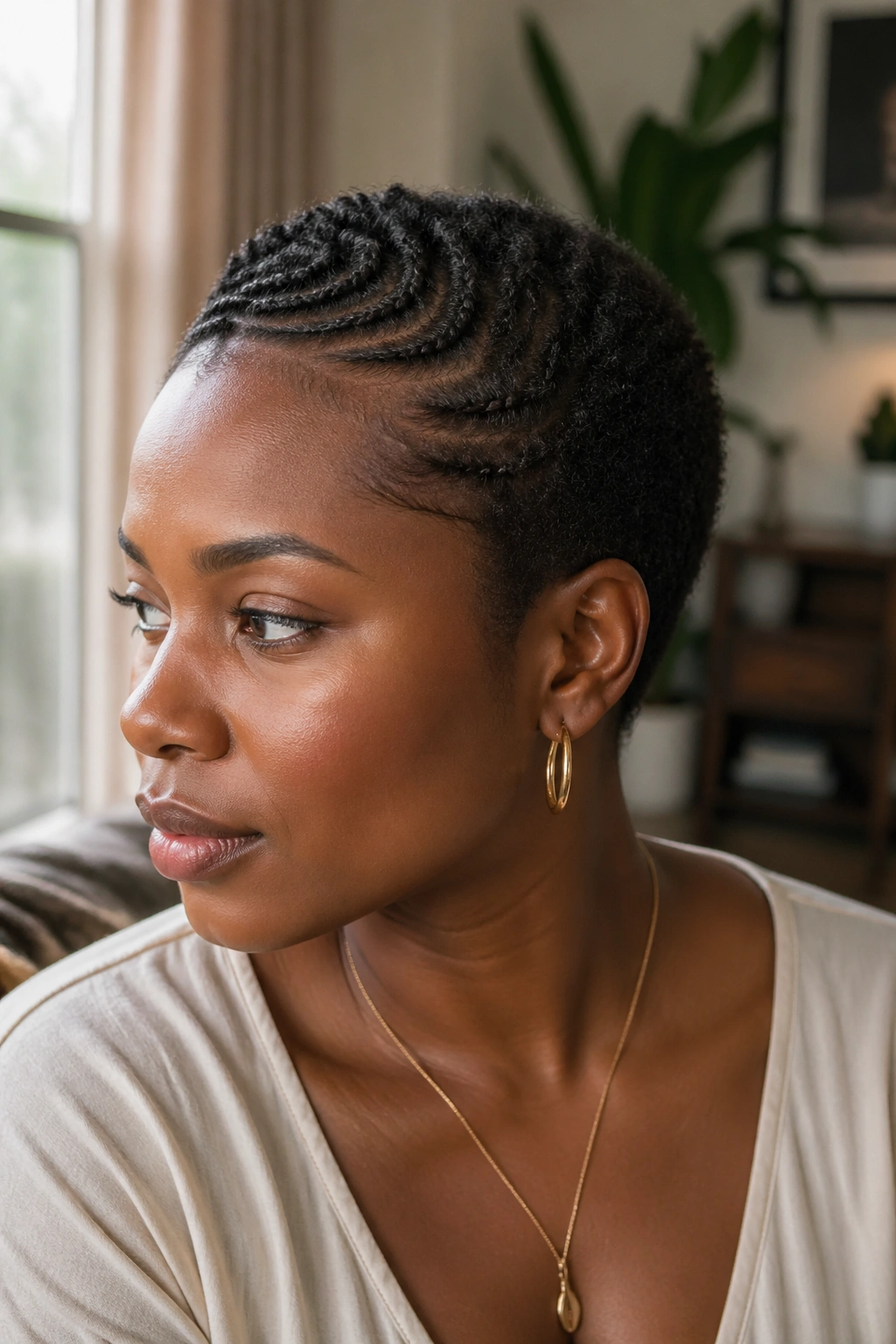 Portrait of a real woman with short afro showing both micro braids and exposed scalp texture