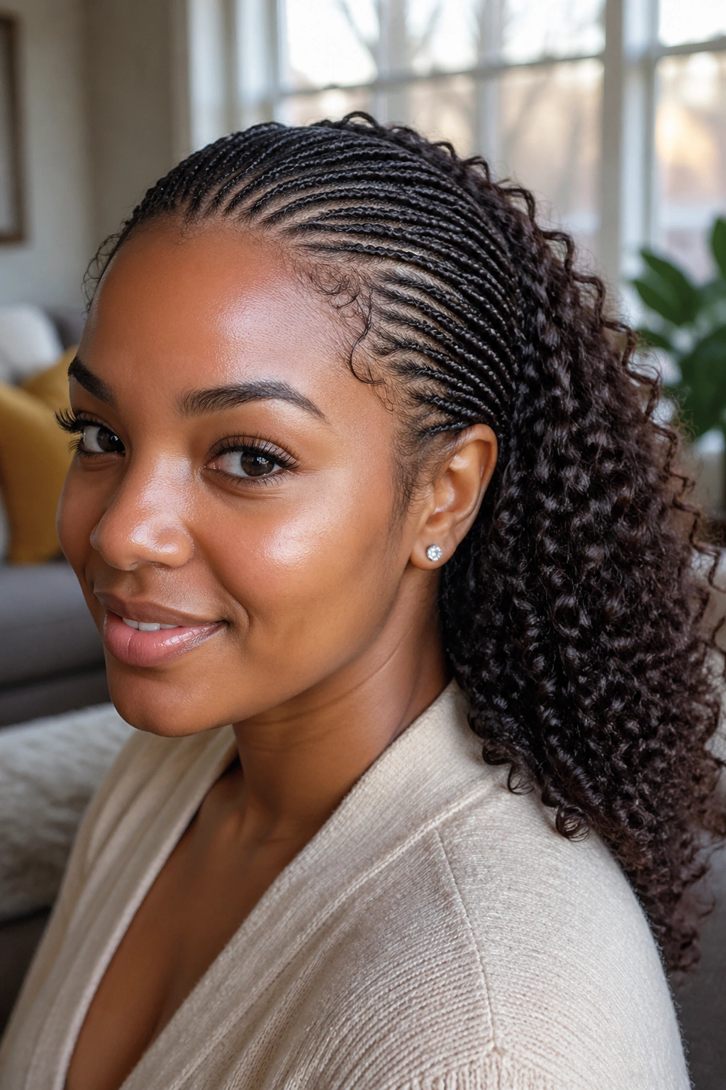 Close-up portrait of a real woman with micro braids at the front and natural curls at the back