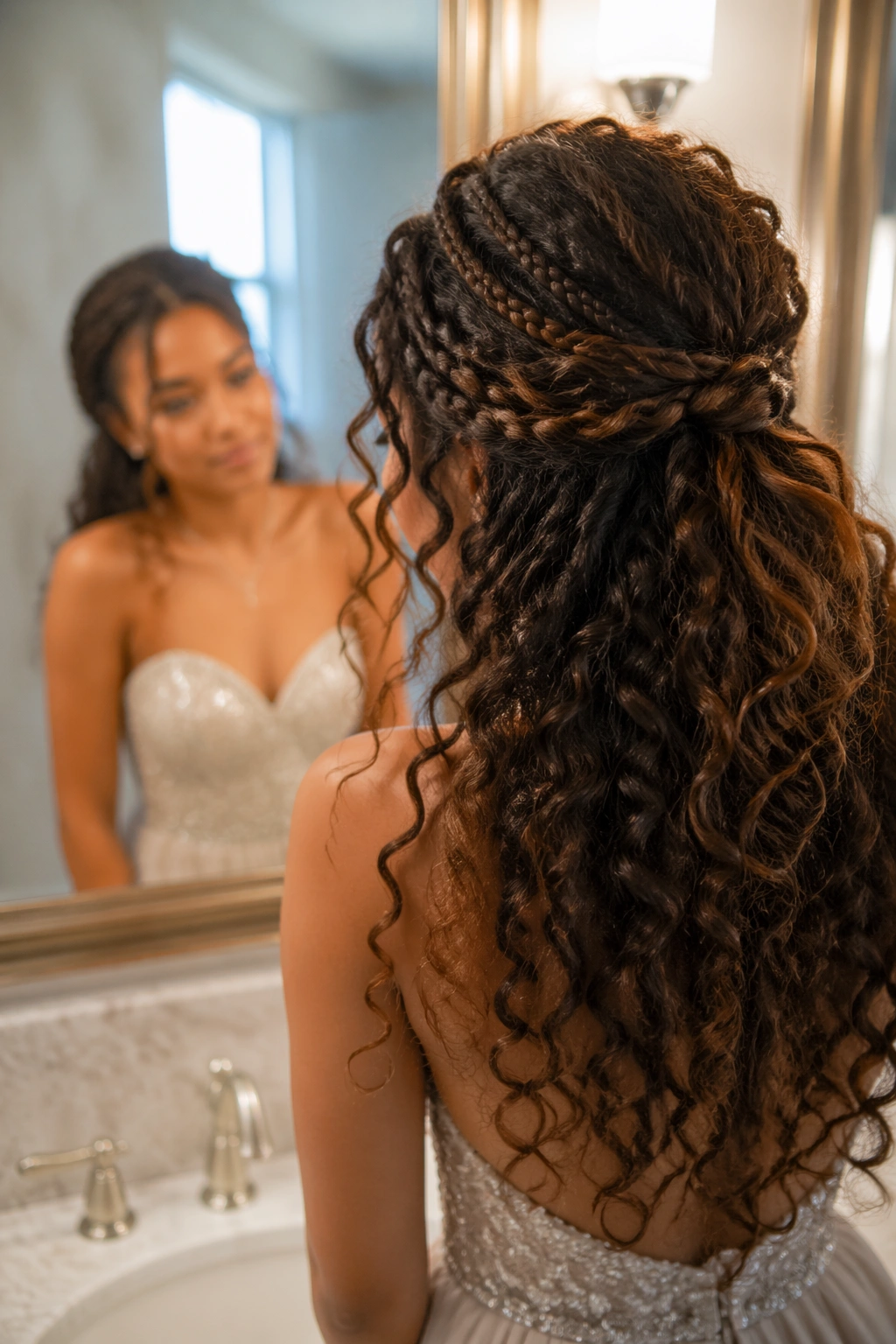 Front micro-braids integrated into half-up curls