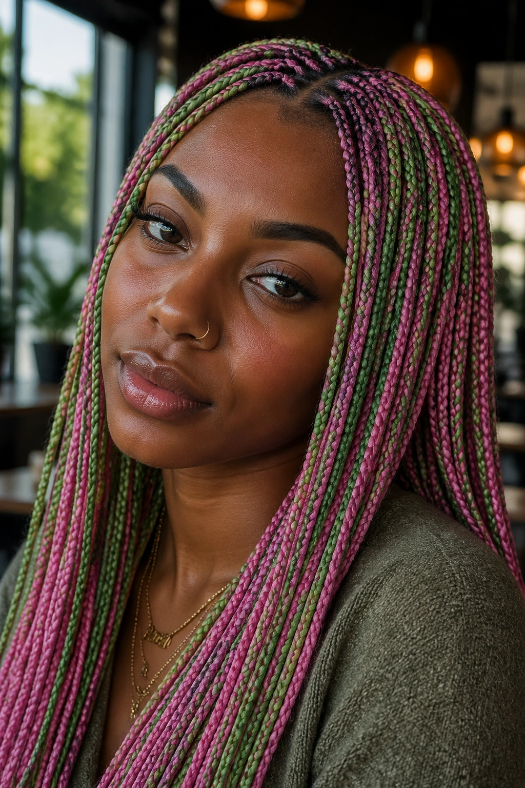 Close-up of a real person with micro and mini green and pink box braids in soft indoor light