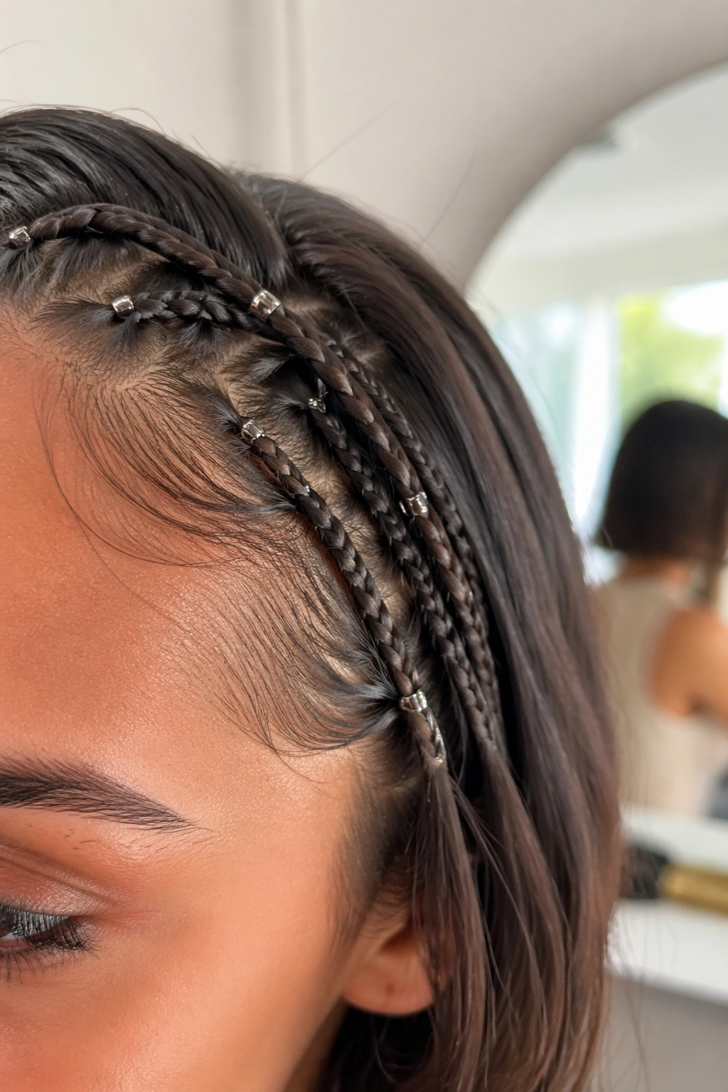 Close-up micro braids along hairline with beads on short hair.