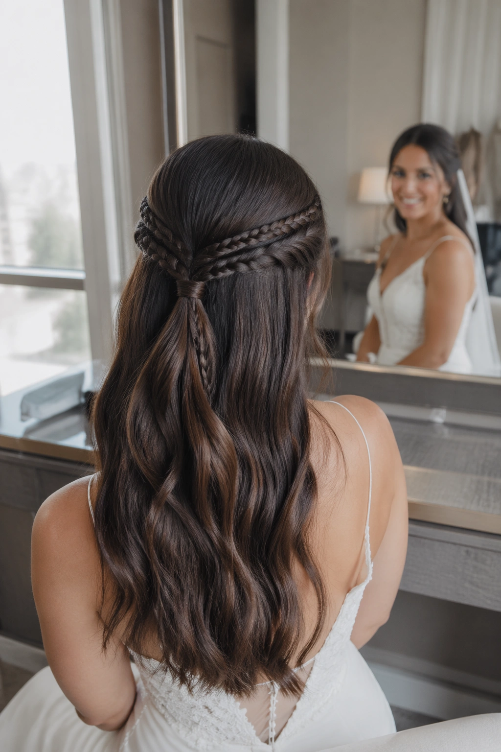 Three micro braids tucked into half pony in bridal suite