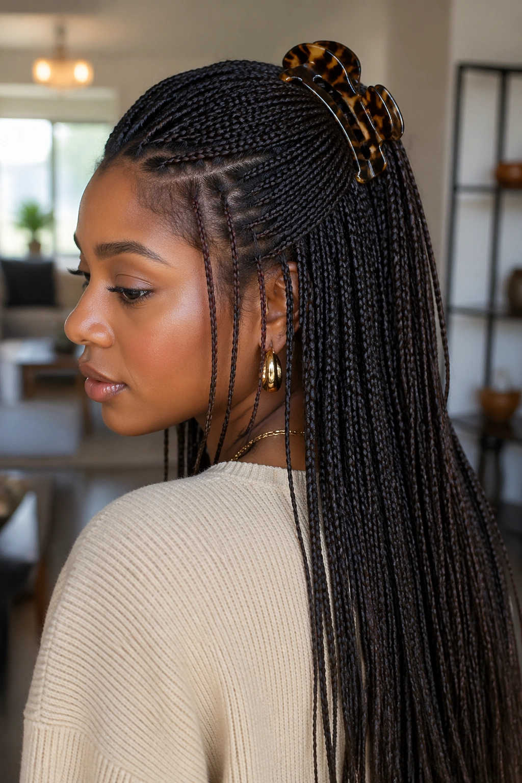Close-up of a real woman with micro braids in a half-up style secured by a bold clip