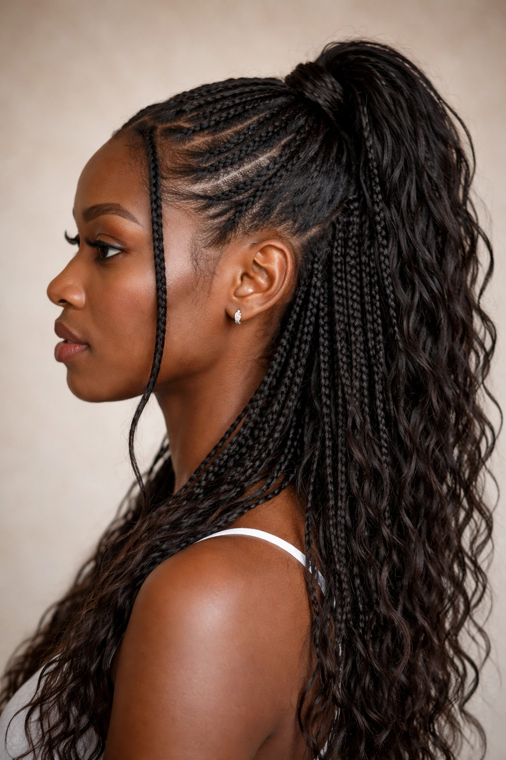 Side profile of half-up hairstyle with micro-braids