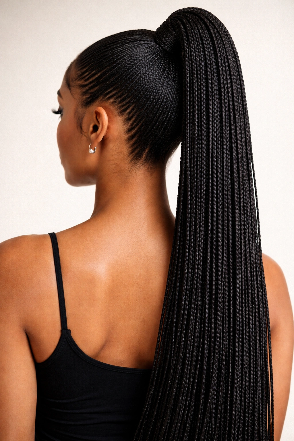 High pony with dense micro-braids gathered at the crown