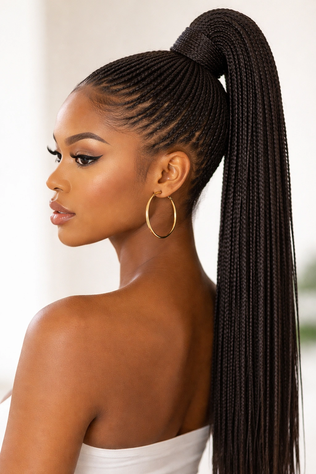 Close-up of micro-braids gathered into a high ponytail with wrapped base.