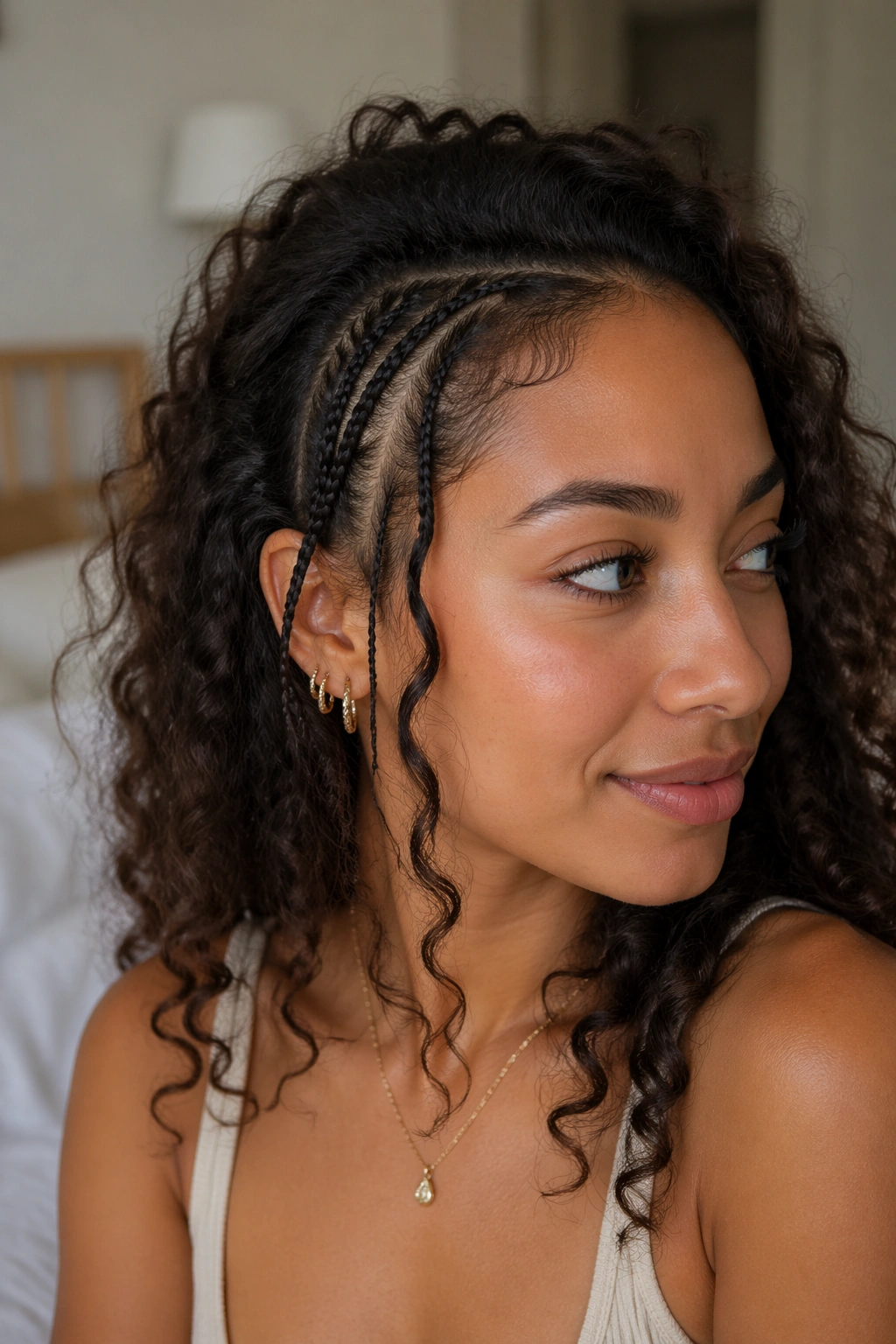 Two micro braids among loose curls on a real person, temple and behind-ear placements with soft light.