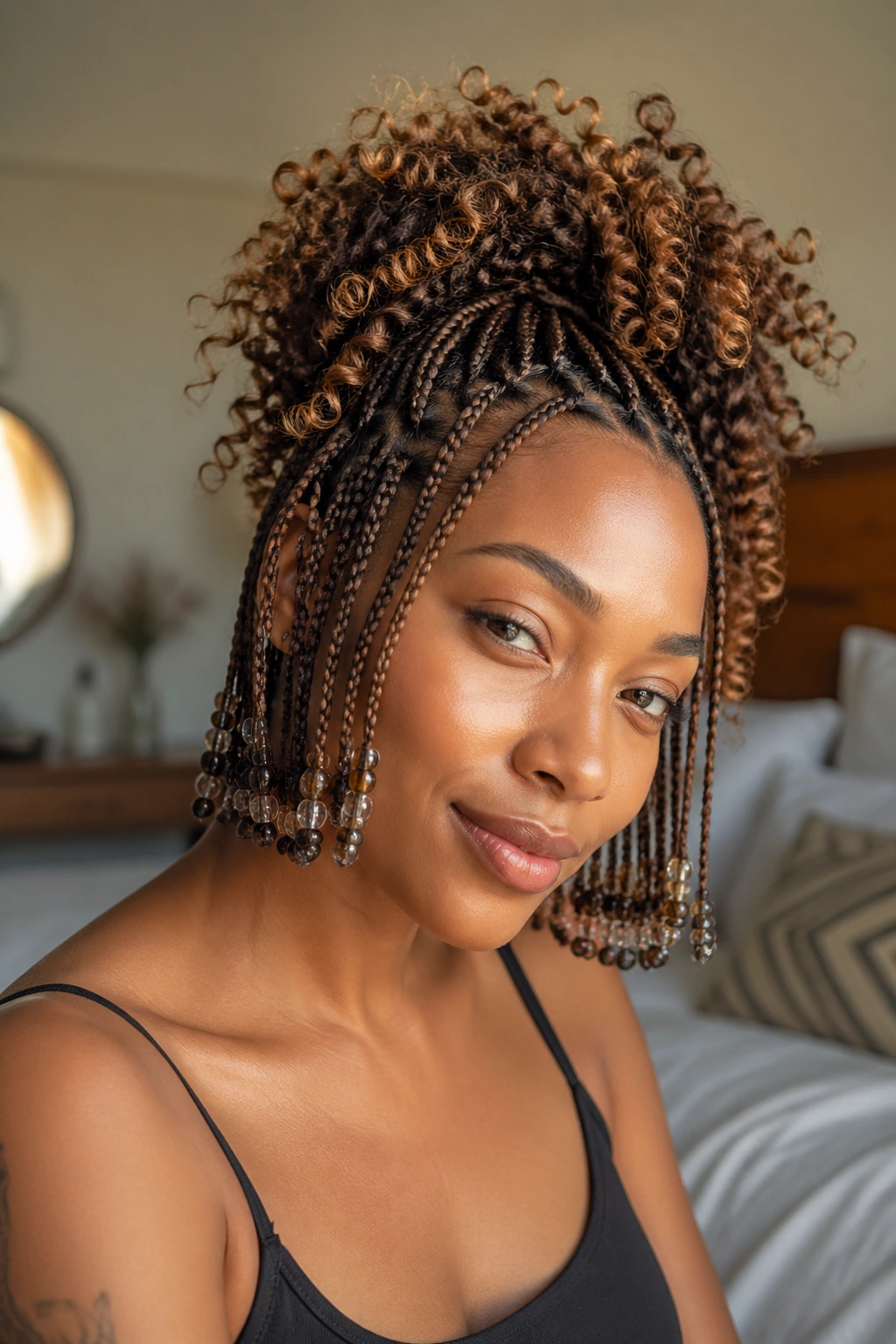 Real woman with micro braids transitioning into loose curls on top in a cozy light-filled room