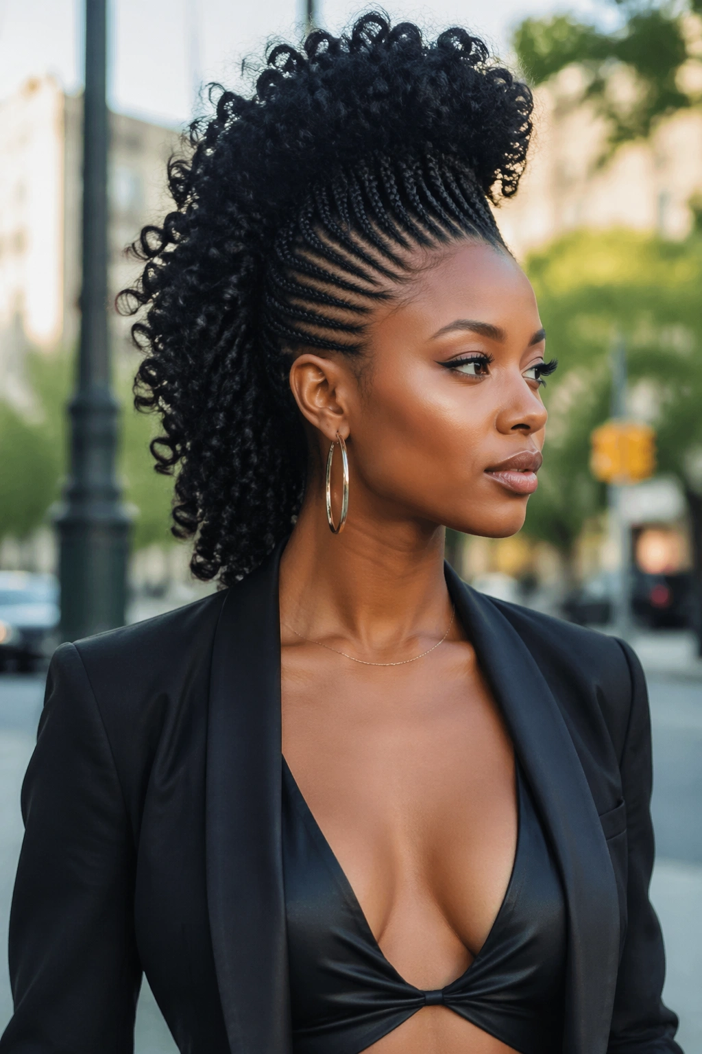 Hero shot of a micro braided mohawk with full volume outdoors.