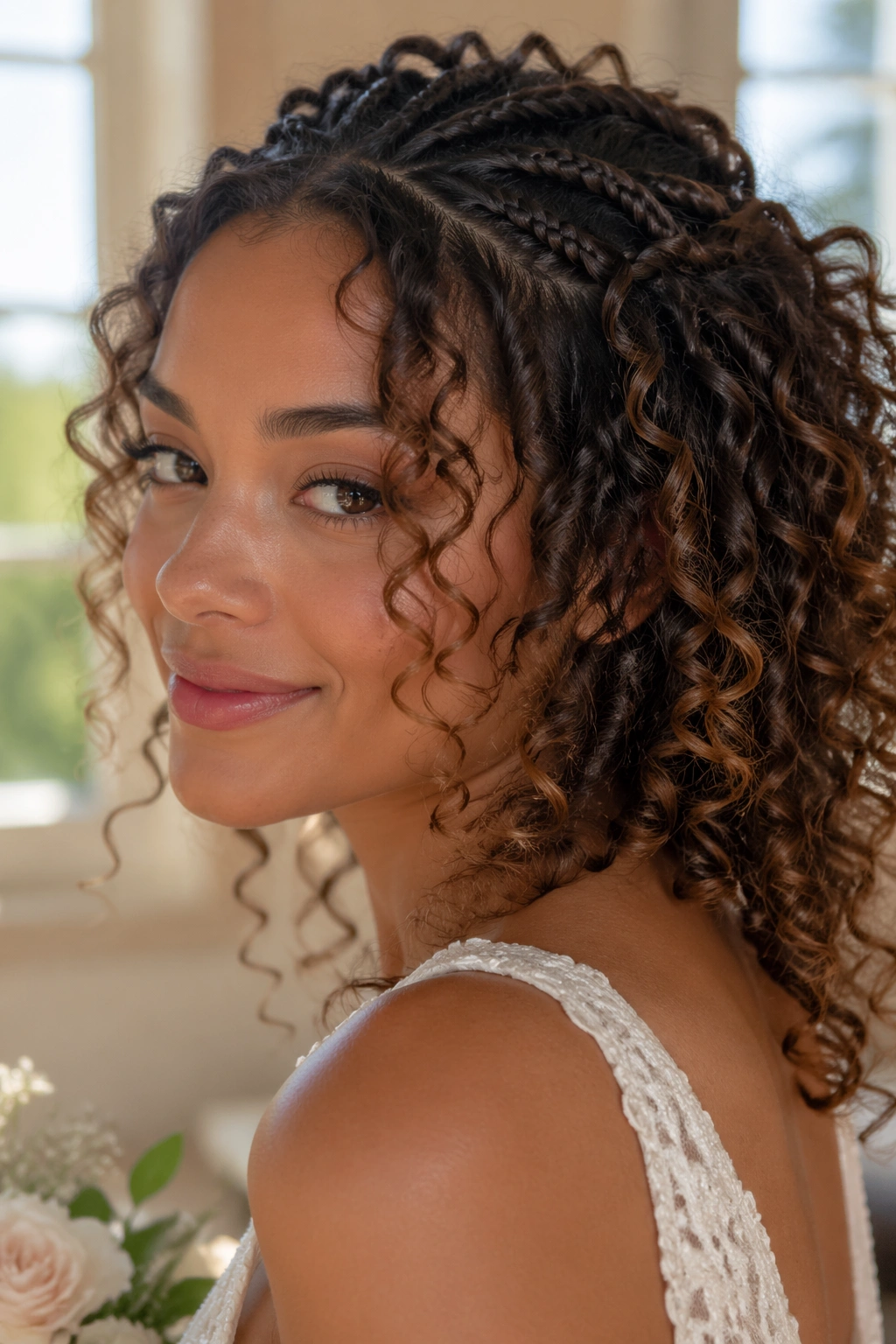 Close-up of a bride's curls with micro braids woven through the crown.