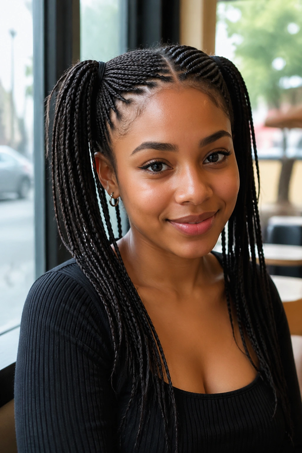 Close-up of slim micro-braid pigtails on a real person