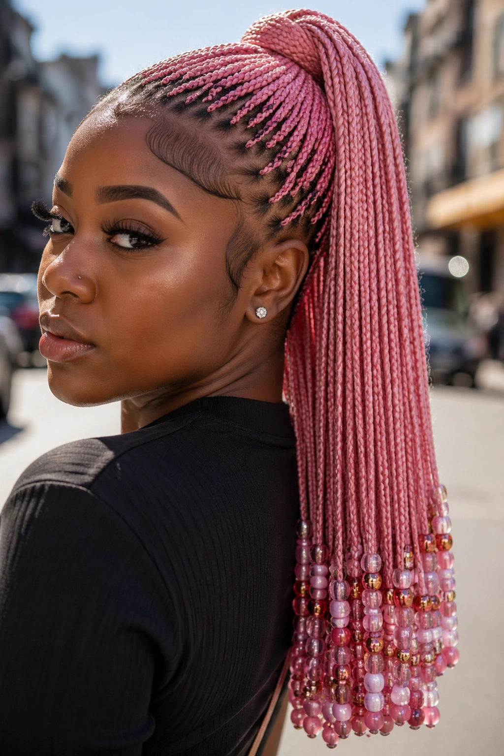 Close-up of Micro-Braid Pink Ponytail with Beaded Ends on a real person