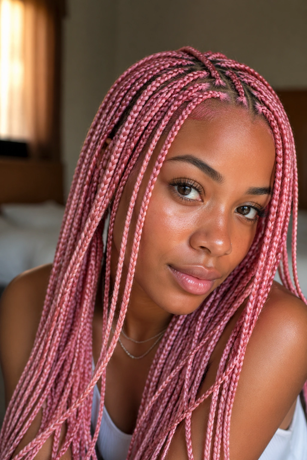 Close-up portrait of a real woman with micro pink box braids, natural window light highlights tiny square braids.