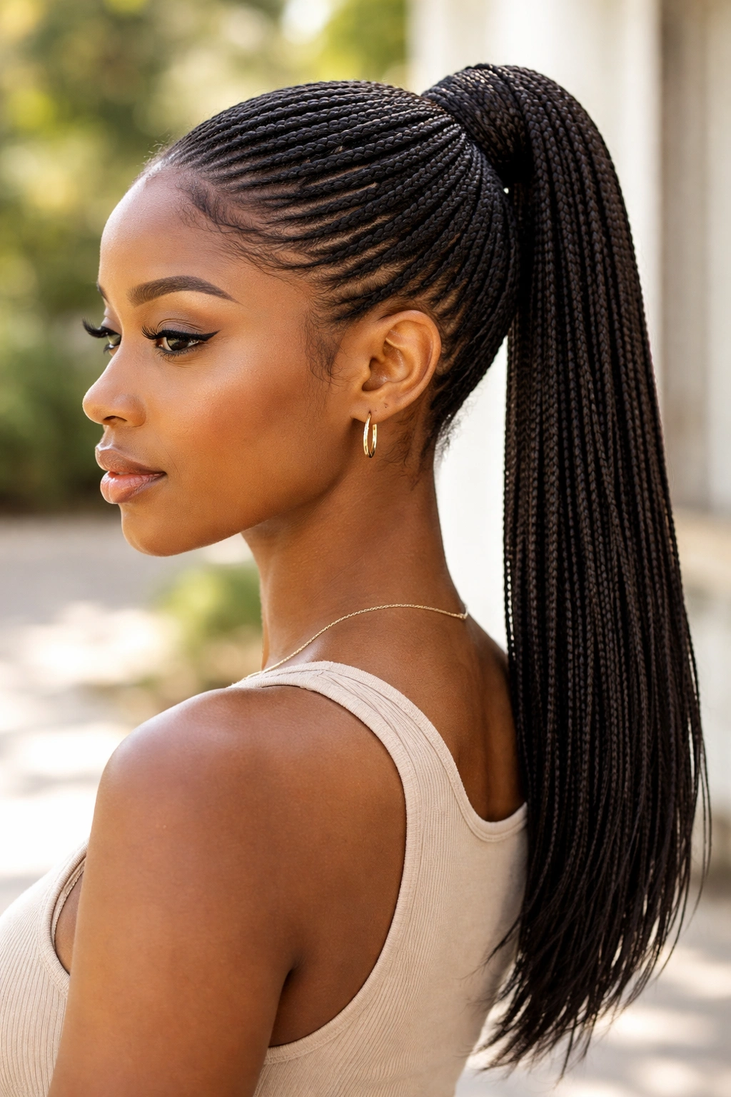 Close-up portrait of a real woman with numerous micro-braids forming a ponytail