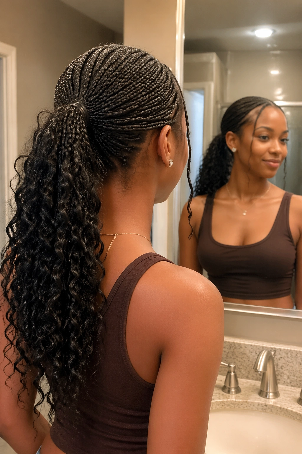 Over-the-shoulder shot of micro braided ponytail with curly tail.