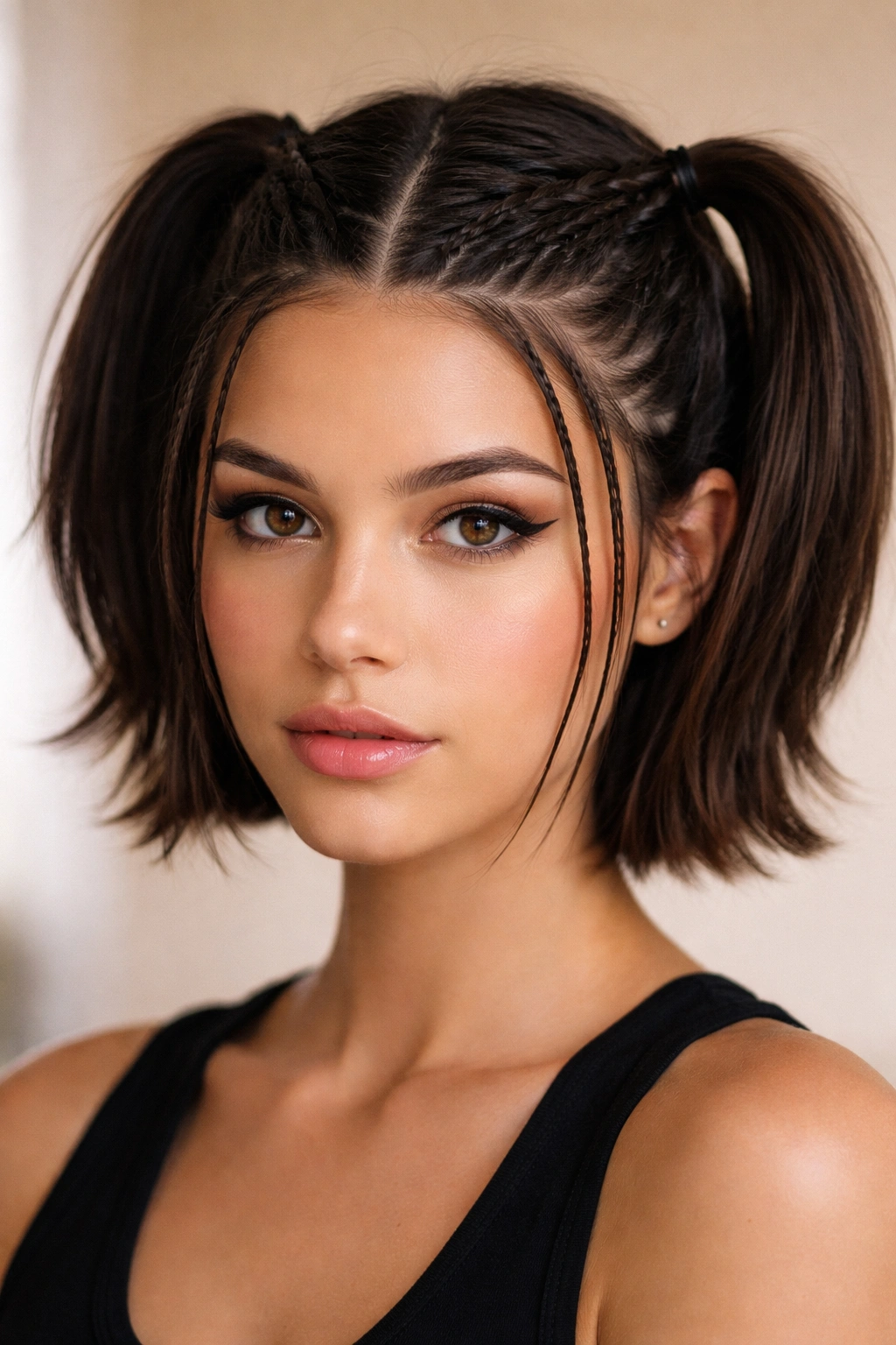 Close-up of a chin-length bob with micro braids feeding into twin ponytails