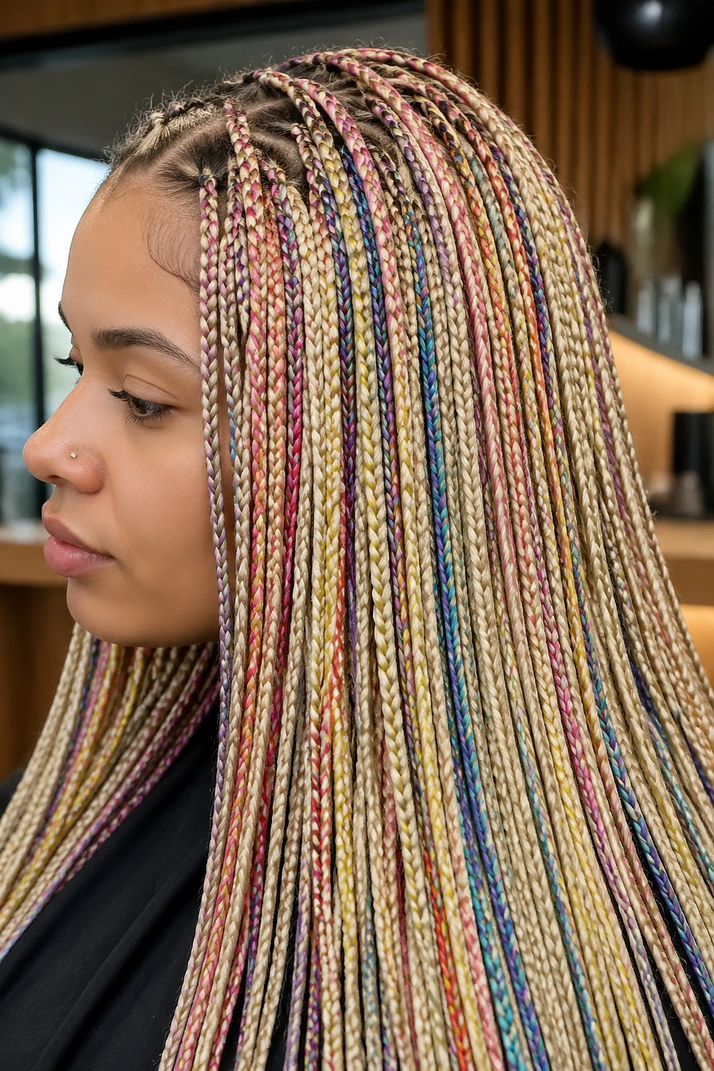 Close-up of micro blonde braids threaded with rainbow strands on a real person in a sunlit salon
