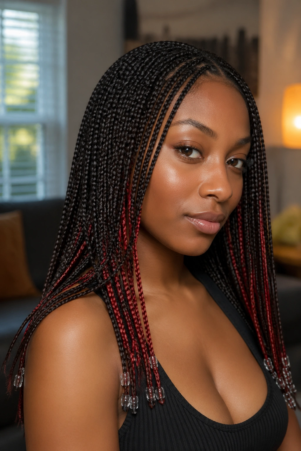 Close-up portrait of a real woman with micro box braids showing narrow red underlayers and seed beads