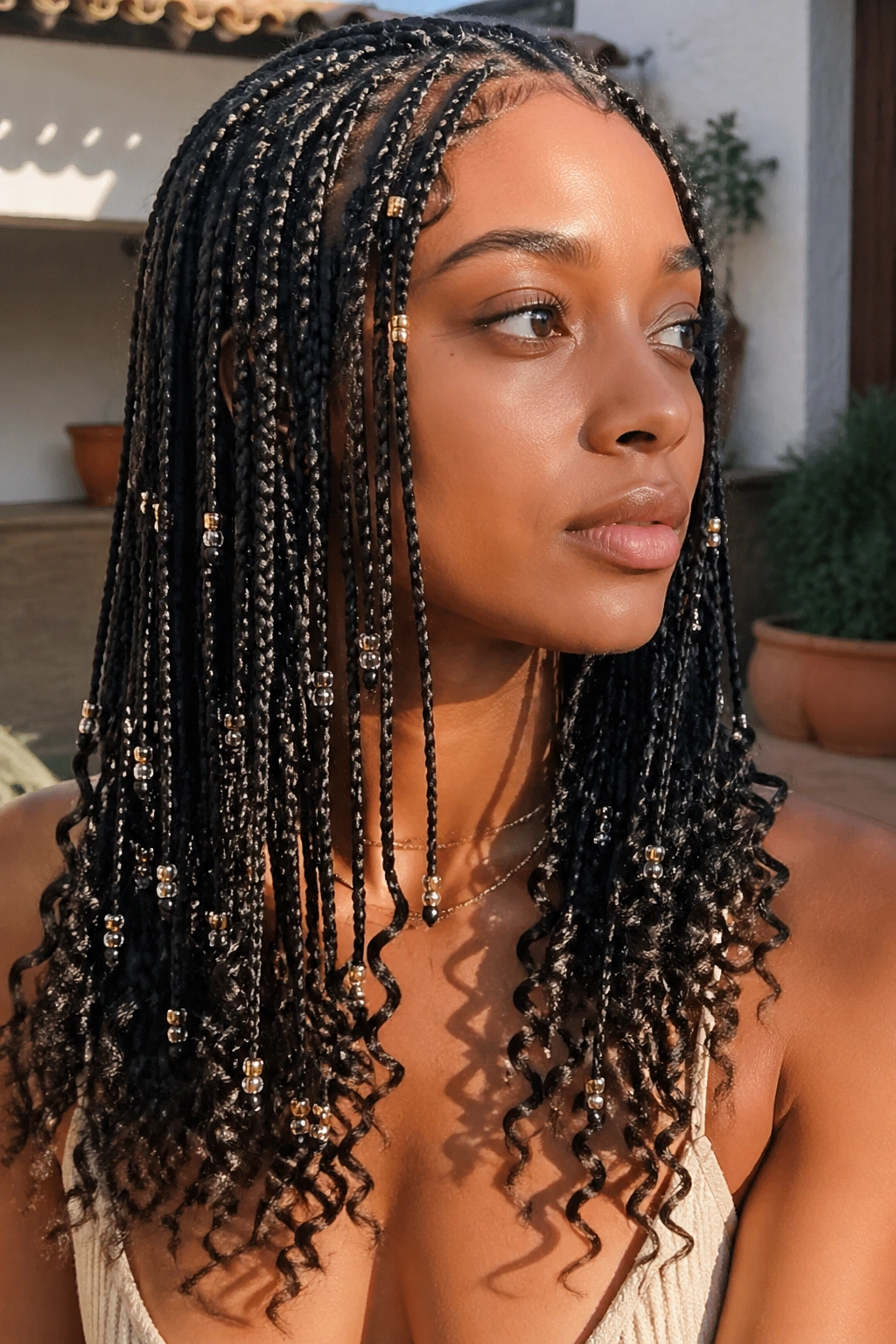 Close-up portrait of a real woman with micro-sized goddess braids and seed beads