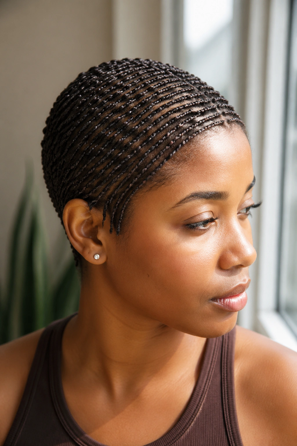 Close-up of hundreds of micro braids on short hair