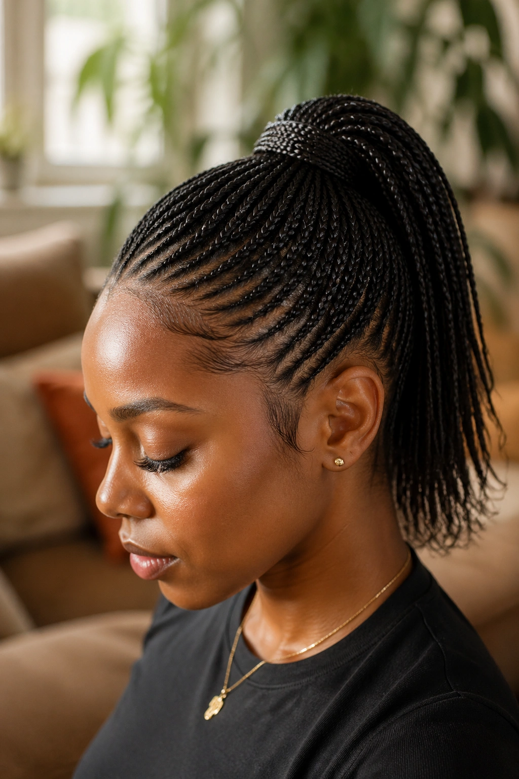 Close-up portrait of a real woman with a micro-braid ponytail on short hair, tiny braids and a sleek ponytail.