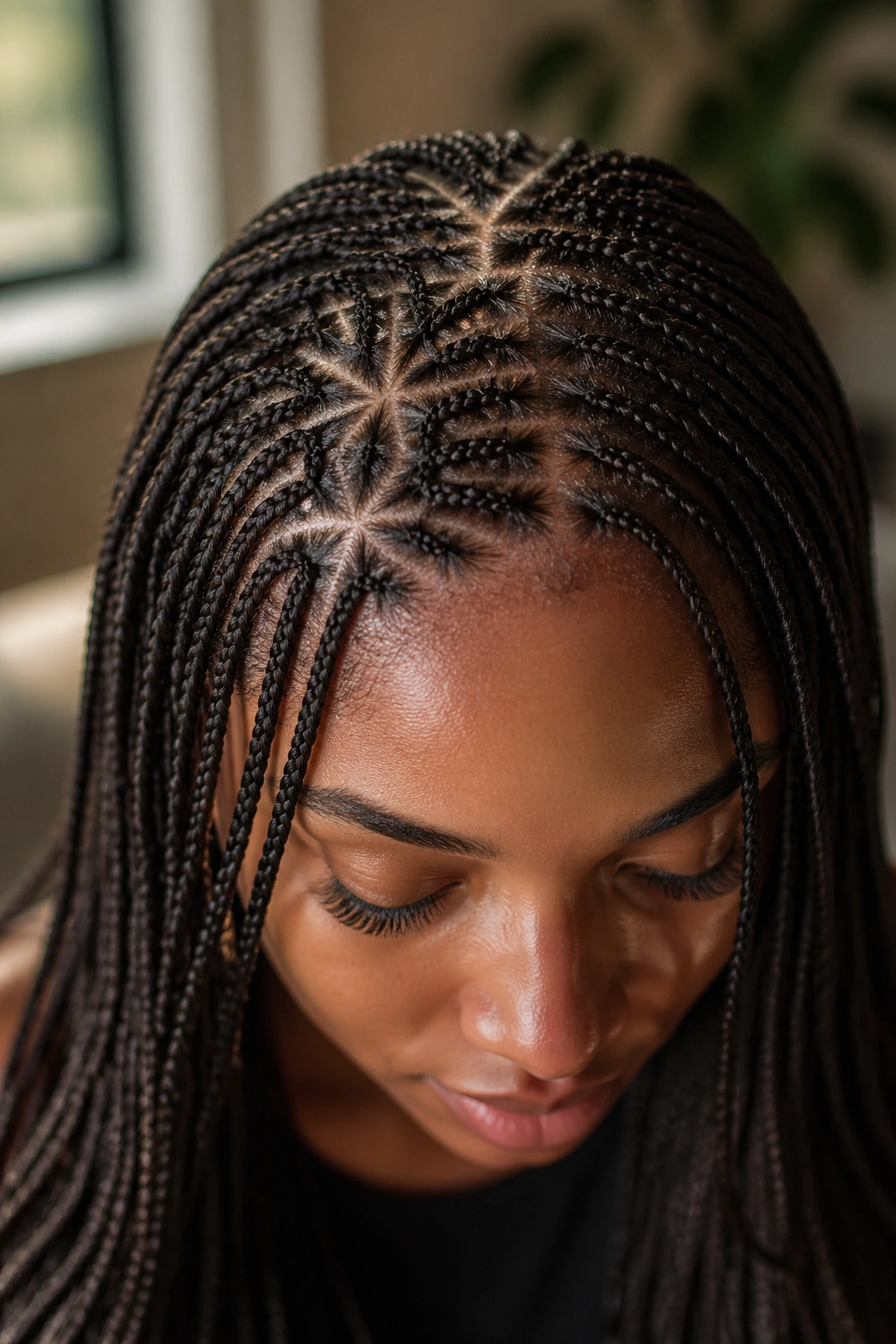 Close-up of micro box braids with a fine star parting on a real person