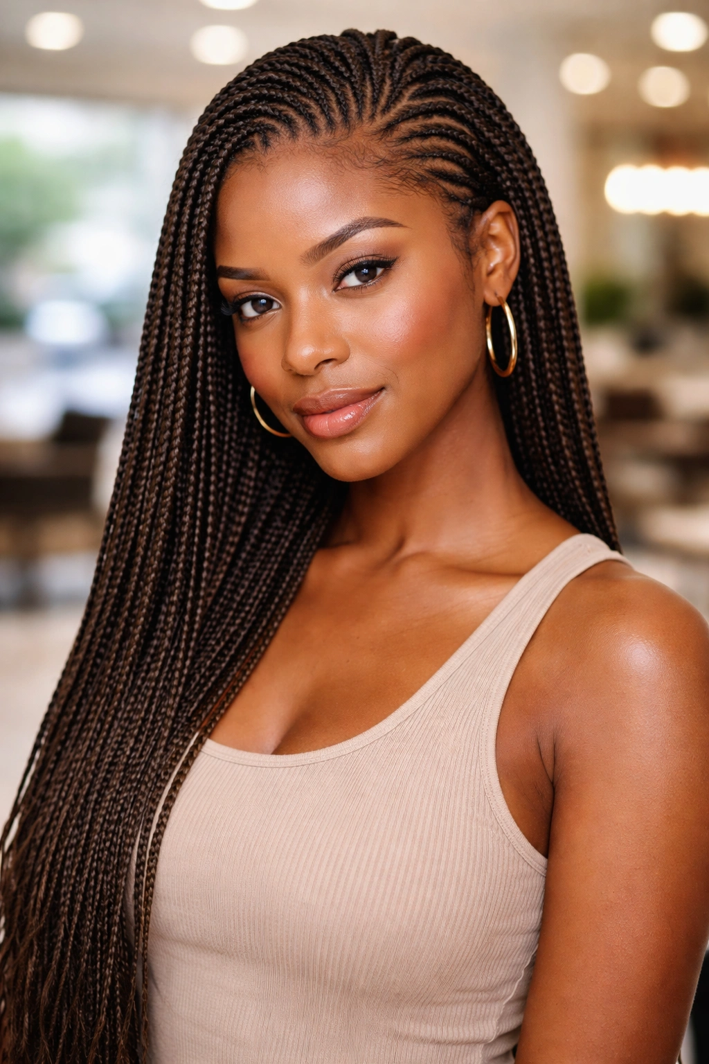 Close-up of a real woman with densely packed micro braids on thick hair