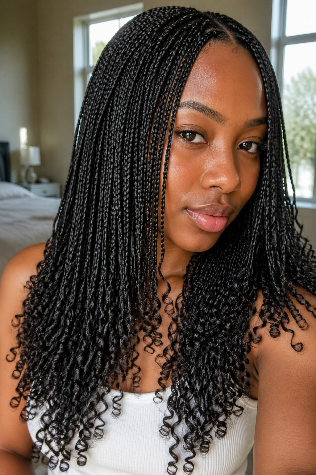 Close-up of a real woman with micro braids and tiny curly ends.
